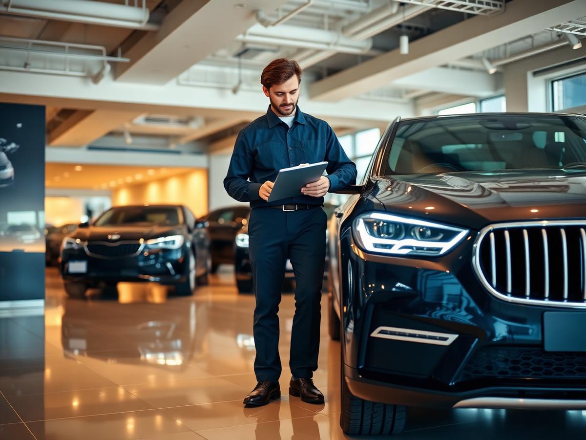 Heritage Motors technician inspecting a luxury vehicle in the Sample City showroom