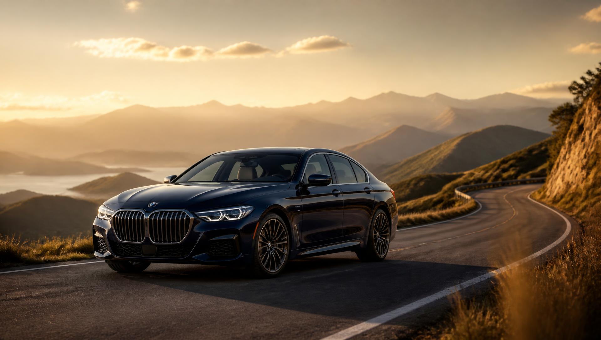 Luxury navy sedan on a scenic mountain road at golden hour
